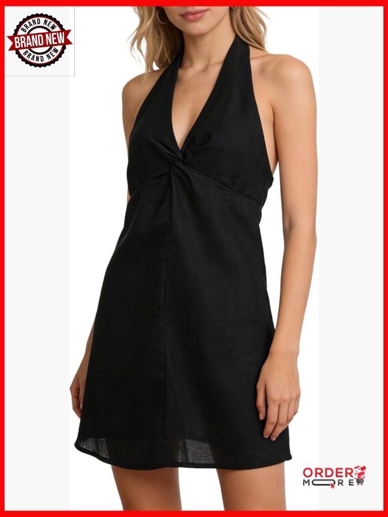 100% Linen Halter Tie Mini Dress Summer V Neck Backless